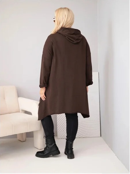 Dámska bavlnená mikina Plus Size s kapucňou a pleteným prvkom hnedá