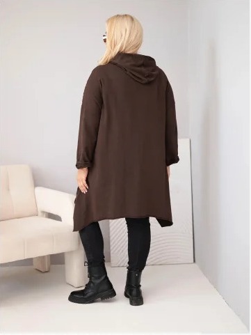 Dámska bavlnená mikina Plus Size s kapucňou a pleteným prvkom hnedá