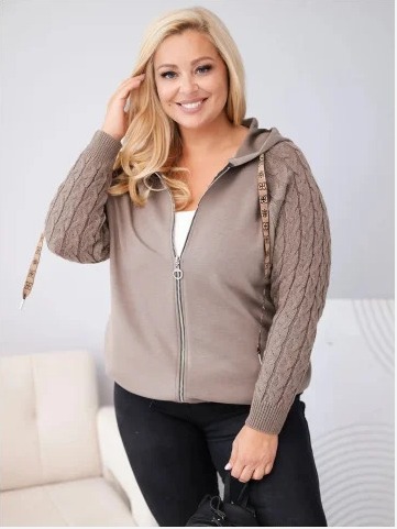 Dámska bavlnená mikina Plus Size s pletenými rukávmi a kapucňou fango zelená