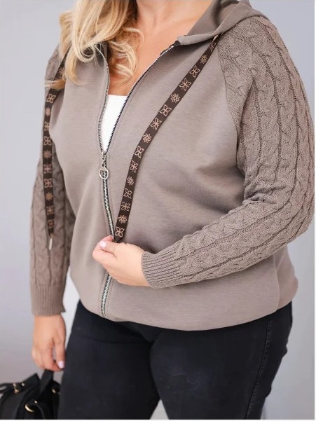 Dámska bavlnená mikina Plus Size s pletenými rukávmi a kapucňou fango zelená