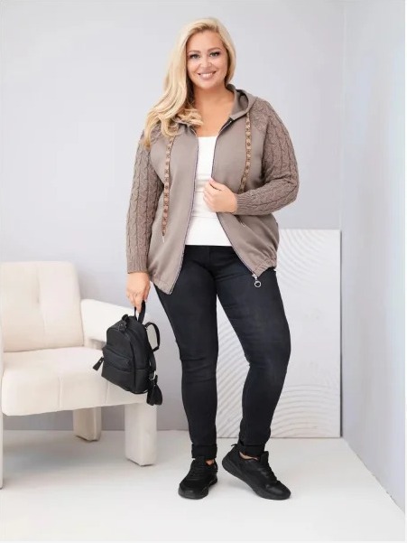 Dámska bavlnená mikina Plus Size s pletenými rukávmi a kapucňou fango zelená