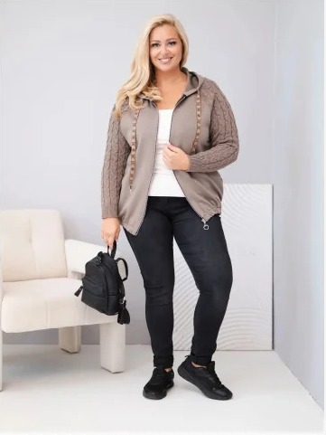 Dámska bavlnená mikina Plus Size s pletenými rukávmi a kapucňou fango zelená