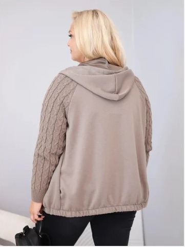 Dámska bavlnená mikina Plus Size s pletenými rukávmi a kapucňou fango zelená