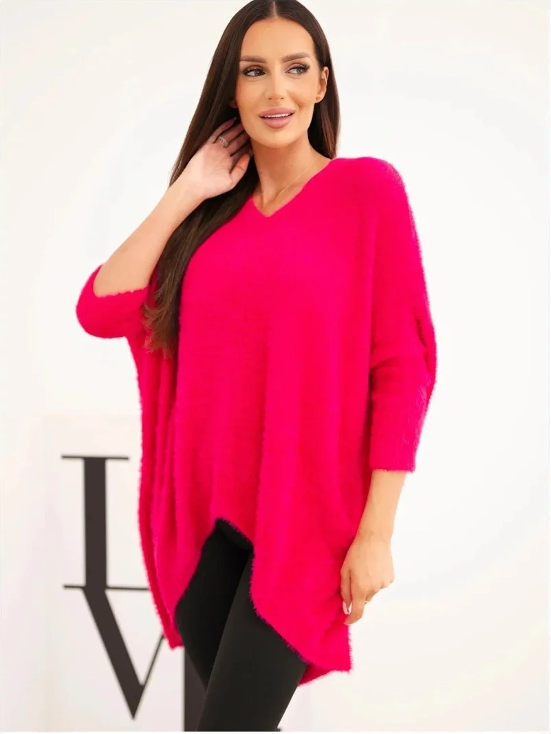 Sveter dámsky Plus Size s výstrihom V fuksia
