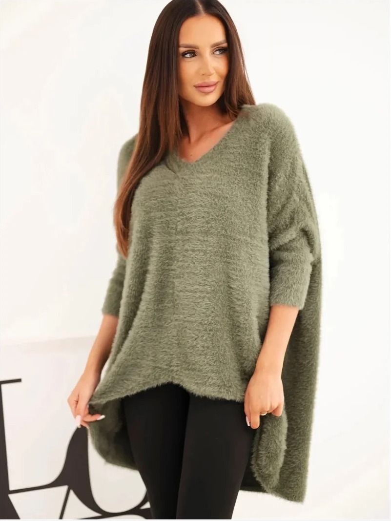 Sveter dámsky Plus Size s výstrihom V khaki