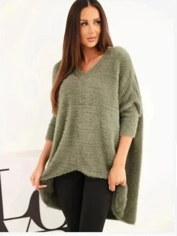 Sveter dámsky Plus Size s výstrihom V khaki
