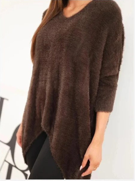 Sveter dámsky Plus Size s výstrihom V hnedý