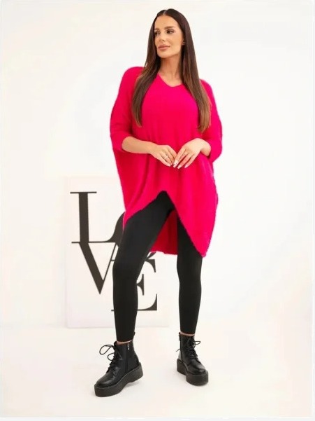 Sveter dámsky Plus Size s výstrihom V fuksia