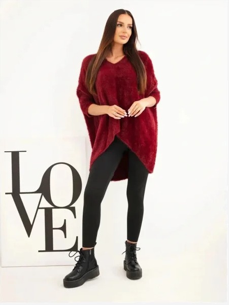 Sveter dámsky Plus Size s výstrihom V bordový