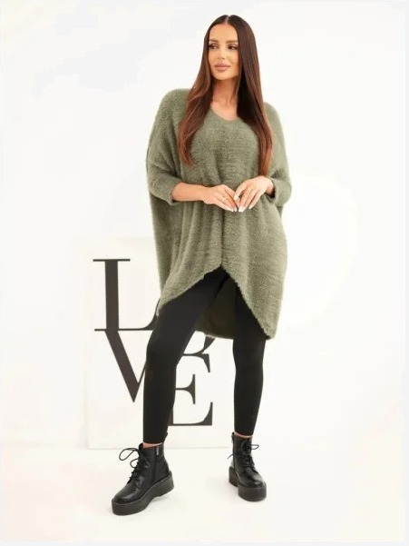 Sveter dámsky Plus Size s výstrihom V khaki