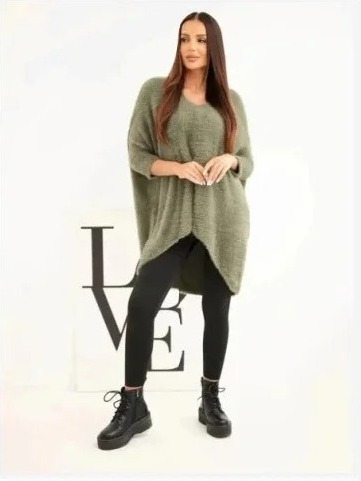 Sveter dámsky Plus Size s výstrihom V khaki