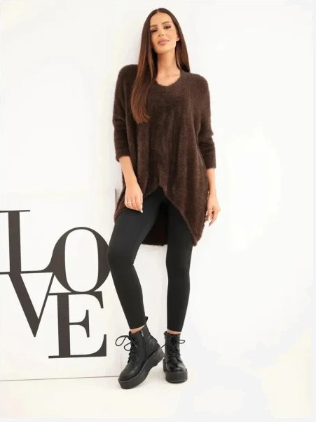Sveter dámsky Plus Size s výstrihom V hnedý