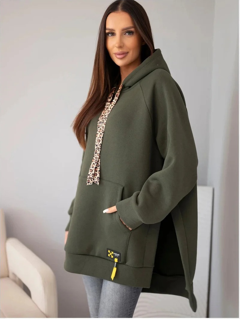 Mikina dámska oversize z bavlny s kapucňou a vreckom khaki