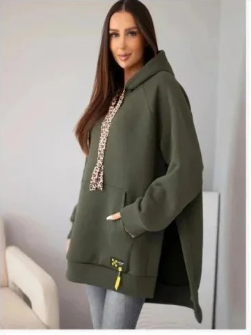 Mikina dámska oversize z bavlny s kapucňou a vreckom khaki
