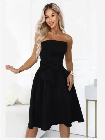 692-1 NAYA Elegantné korzetové midi šaty bez ramienok s mašľou - čierne