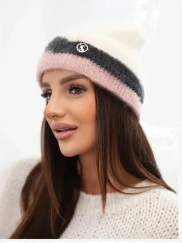 Čiapka dámska beanie rebrovaná s ozdobou béžový+prášok