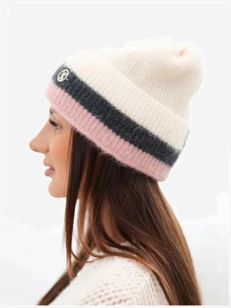 Čiapka dámska beanie rebrovaná s ozdobou béžový+prášok