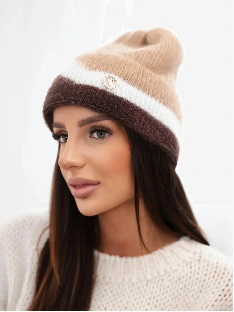Čiapka dámska beanie rebrovaná s ozdobou camel+hnedá