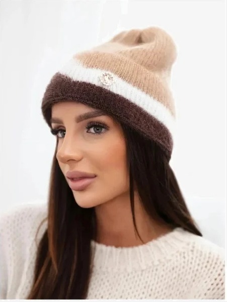 Čiapka dámska beanie rebrovaná s ozdobou camel+hnedá
