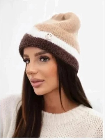 Čiapka dámska beanie rebrovaná s ozdobou camel+hnedá