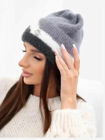 Čiapka dámska beanie rebrovaná s ozdobou tmavosivá+grafitu