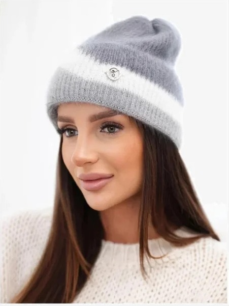 Čiapka dámska beanie rebrovaná s ozdobou tmavosivá+sivá