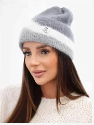 Čiapka dámska beanie rebrovaná s ozdobou tmavosivá+sivá