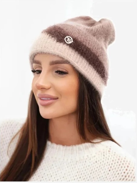 Čiapka dámska beanie rebrovaná s ozdobou fango+béžová