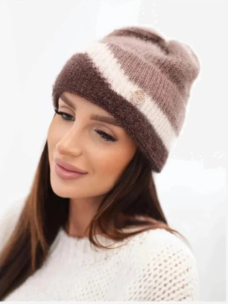 Čiapka dámska beanie rebrovaná s ozdobou fango+hnedá