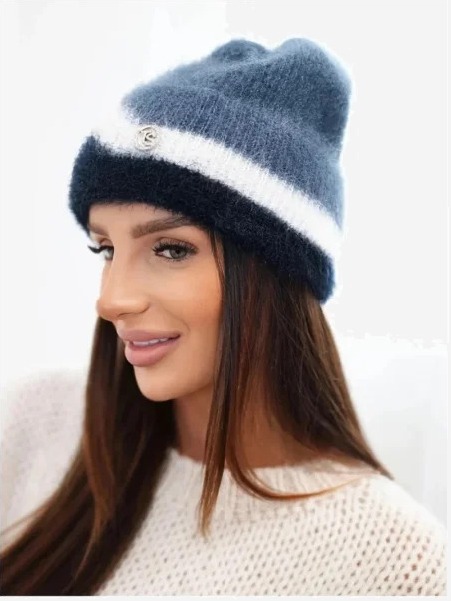 Čiapka dámska beanie rebrovaná s ozdobou džínsy+námornícka modrá