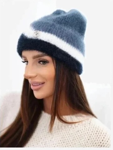 Čiapka dámska beanie rebrovaná s ozdobou džínsy+námornícka modrá