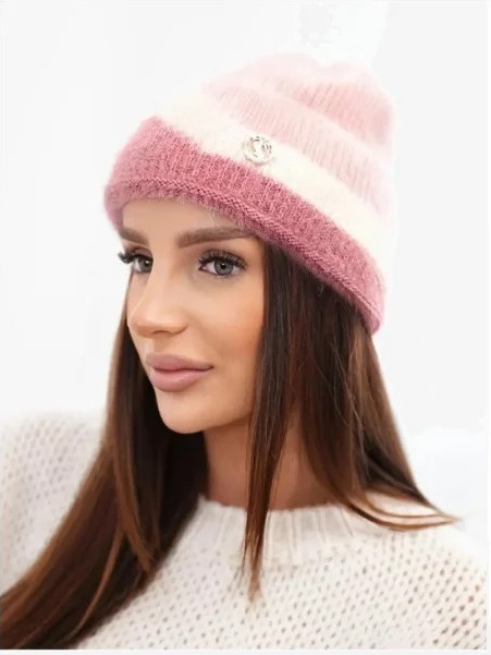 Čiapka dámska beanie rebrovaná s ozdobou prášok+tmavoružová