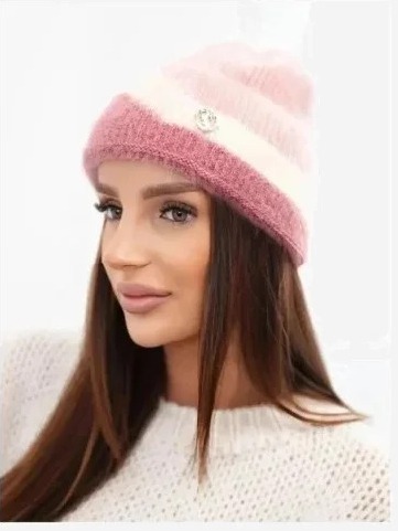 Čiapka dámska beanie rebrovaná s ozdobou prášok+tmavoružová
