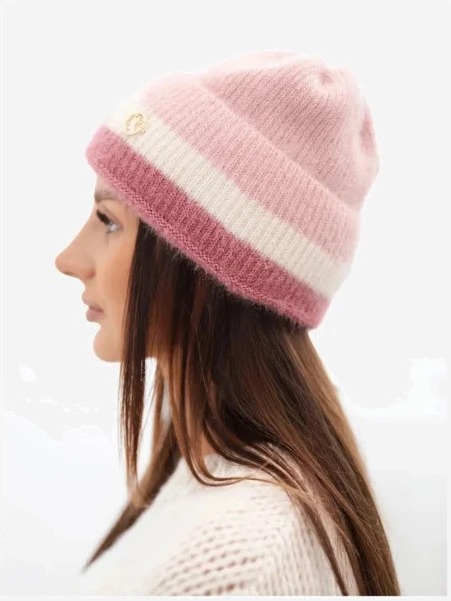 Čiapka dámska beanie rebrovaná s ozdobou prášok+tmavoružová