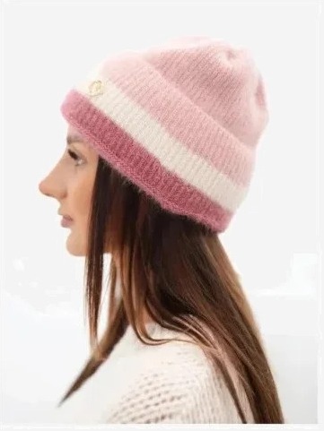 Čiapka dámska beanie rebrovaná s ozdobou prášok+tmavoružová