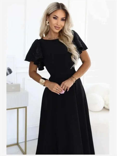 694-1 MIRELLA Elegantné rozšírené maxi šaty s flitrovými rukávmi - čierne
