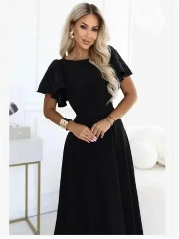 694-1 MIRELLA Elegantné rozšírené maxi šaty s flitrovými rukávmi - čierne