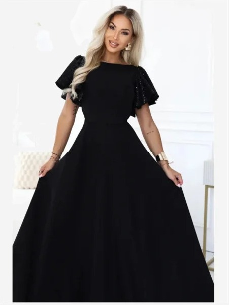 694-1 MIRELLA Elegantné rozšírené maxi šaty s flitrovými rukávmi - čierne