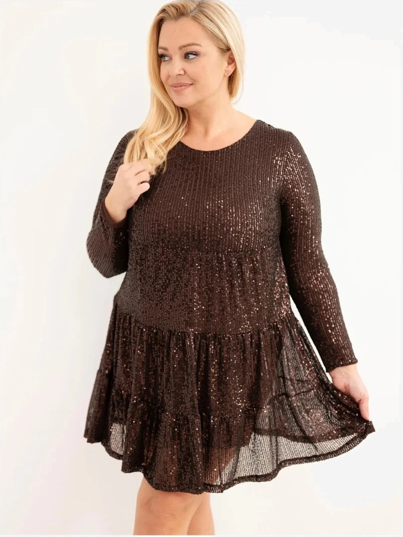 Šaty dámske Plus Size s prídavkom viskózy a flitrami hnedá