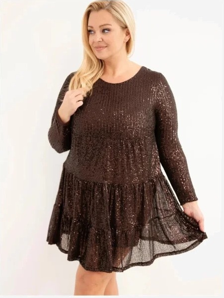 Šaty dámske Plus Size s prídavkom viskózy a flitrami hnedá