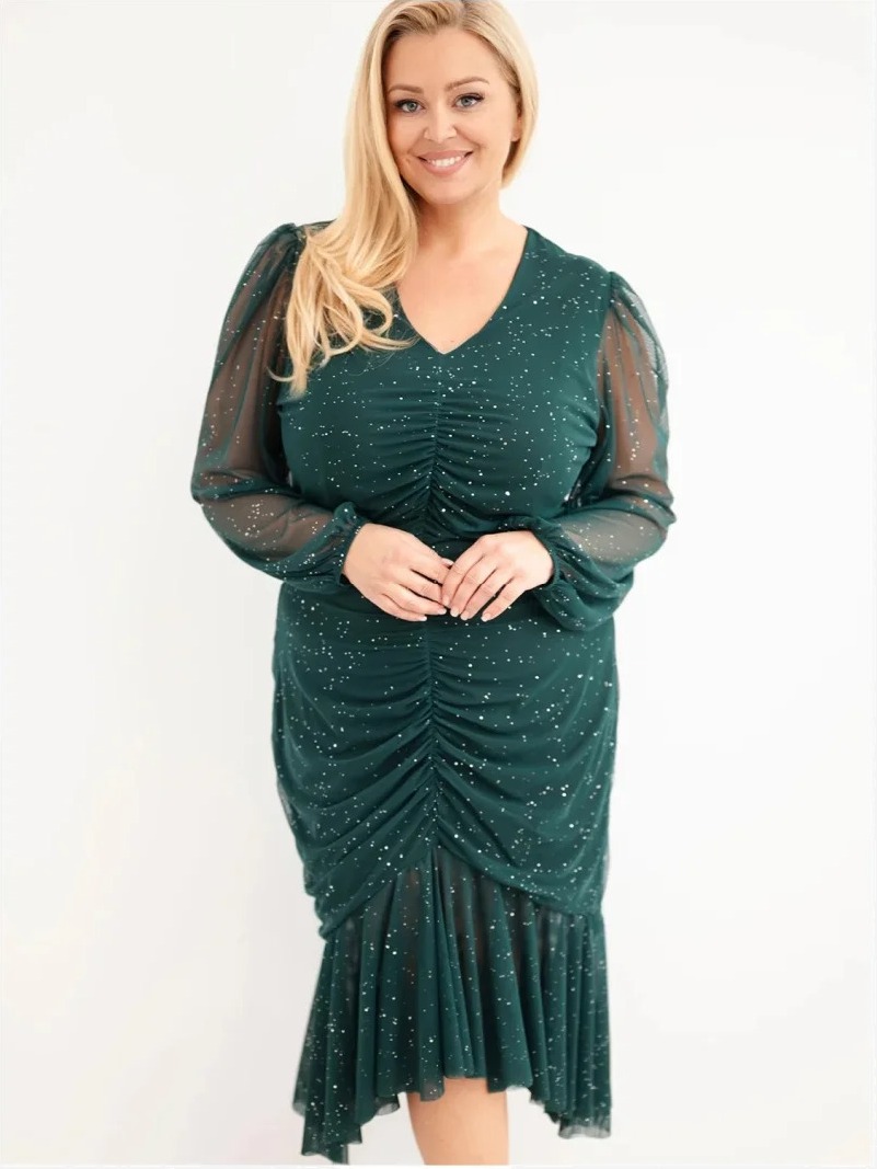 Šaty dámske Plus Size s prídavkom viskózy s riasením zelená