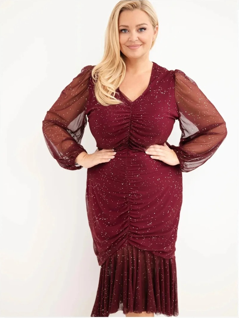 Šaty dámske Plus Size s prídavkom viskózy s riasením bordová