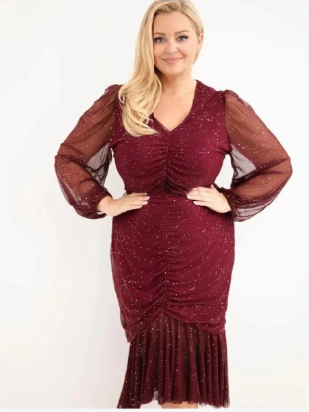 Šaty dámske Plus Size s prídavkom viskózy s riasením bordová