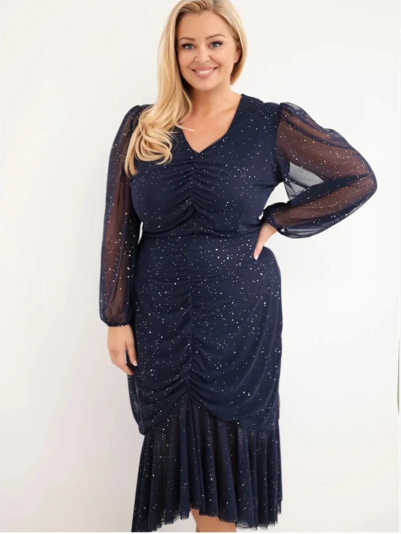 Šaty dámske Plus Size s prídavkom viskózy s riasením námornícka modrá