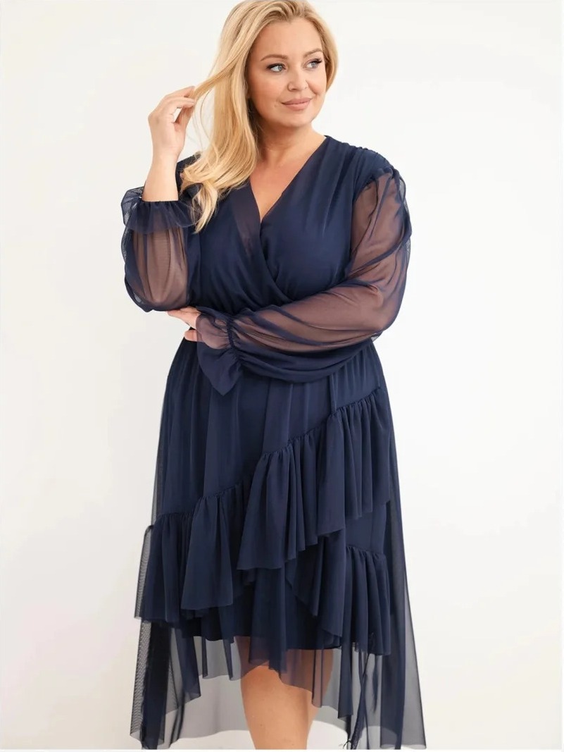 Šaty dámske Plus Size zavinovacie s prímesou viskózy námornícka modrá