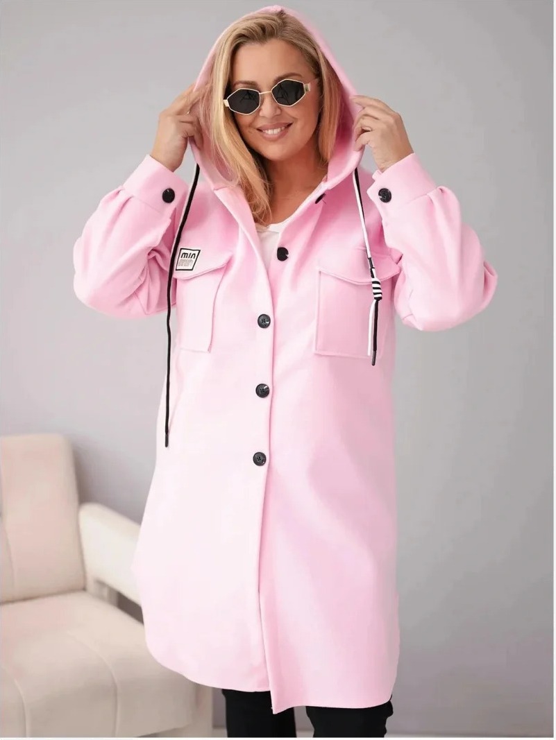 Dámsky kabát Plus Size s kapucňou zapínaný na gombíky cukríková ružová