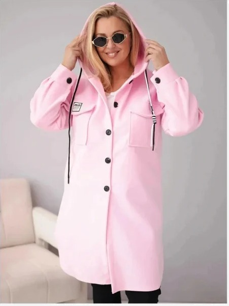 Dámsky kabát Plus Size s kapucňou zapínaný na gombíky cukríková ružová
