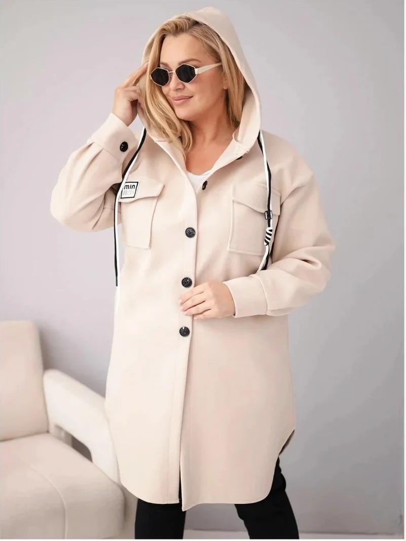Dámsky kabát Plus Size s kapucňou zapínaný na gombíky béžový