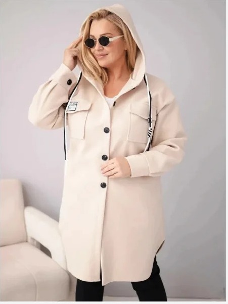 Dámsky kabát Plus Size s kapucňou zapínaný na gombíky béžový