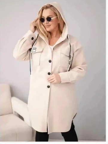 Dámsky kabát Plus Size s kapucňou zapínaný na gombíky béžový